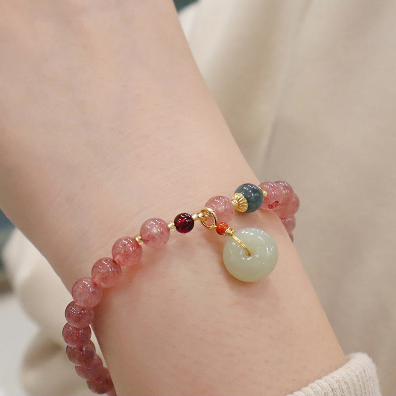 Bracelet de guérison en jade et quartz fraise naturel avec boucle de paix et porte-monnaie en Buddha Stones