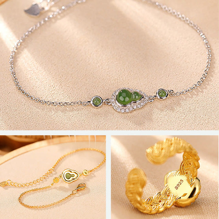 Ensemble de bagues et bracelet porte-bonheur en jade cyan Hetian naturel plaqué or 925 avec Buddha Stones