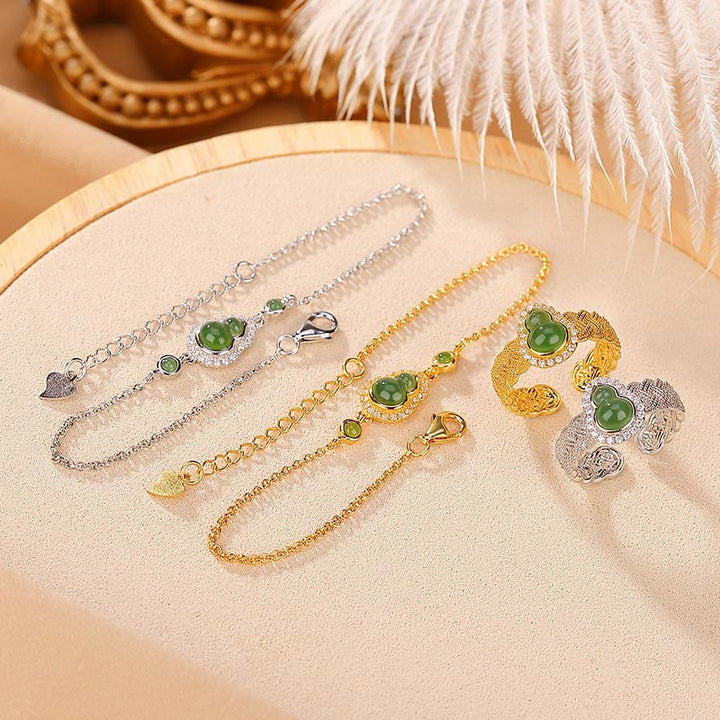 Ensemble de bagues et bracelet porte-bonheur en jade cyan Hetian naturel plaqué or 925 avec Buddha Stones