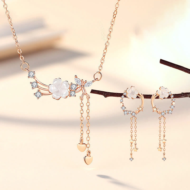 Ensemble de boucles d'oreilles et collier avec pendentif en forme de fleur et de papillon en argent sterling 925 avec Buddha Stones