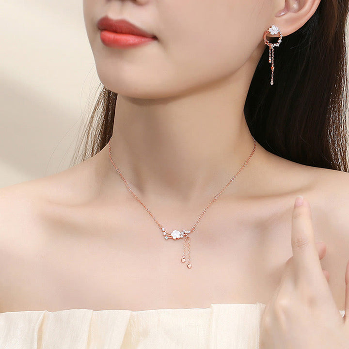 Ensemble de boucles d'oreilles et collier avec pendentif en forme de fleur et de papillon en argent sterling 925 avec Buddha Stones