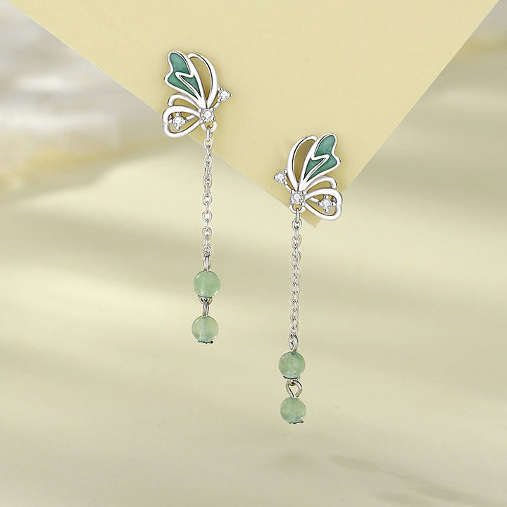 Ensemble de boucles d'oreilles et collier porte-bonheur en argent sterling 925 avec pendentif en forme de papillon en aventurine verte naturelle de Buddha Stones