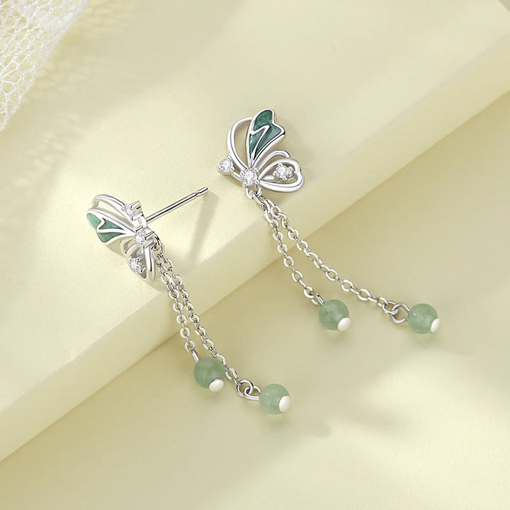 Ensemble de boucles d'oreilles et collier porte-bonheur en argent sterling 925 avec pendentif en forme de papillon en aventurine verte naturelle de Buddha Stones