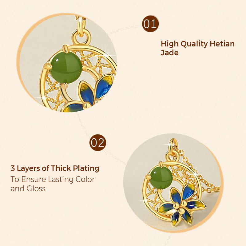 Ensemble de Buddha Stones et collier porte-bonheur en argent sterling 925 avec pendentif en forme de fleur de jade cyan Hetian naturel