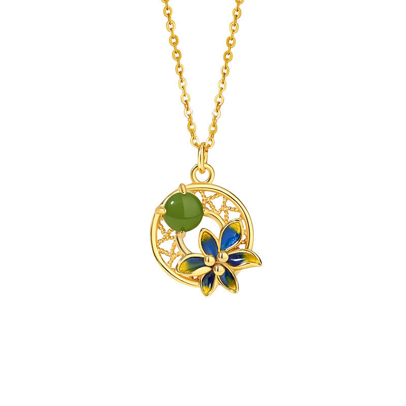 Ensemble de Buddha Stones et collier porte-bonheur en argent sterling 925 avec pendentif en forme de fleur de jade cyan Hetian naturel