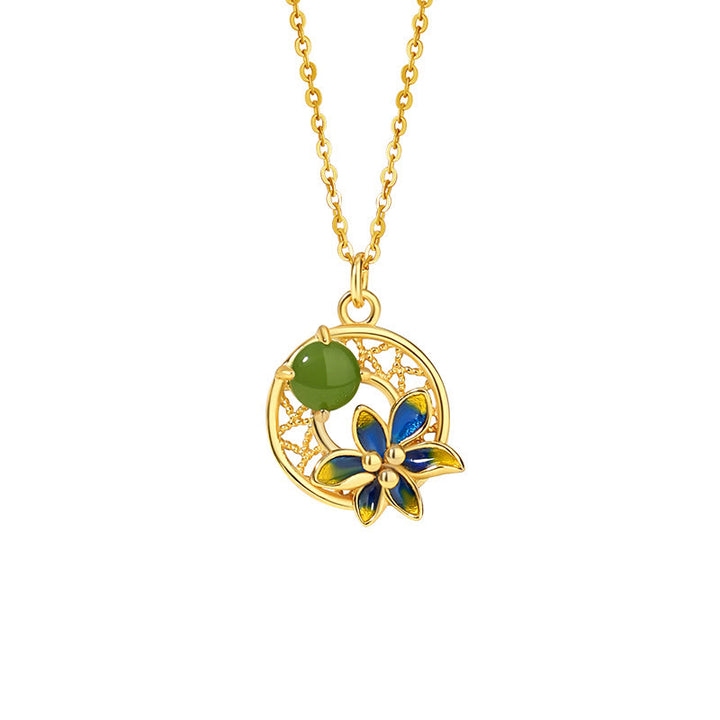 Ensemble de Buddha Stones et collier porte-bonheur en argent sterling 925 avec pendentif en forme de fleur de jade cyan Hetian naturel