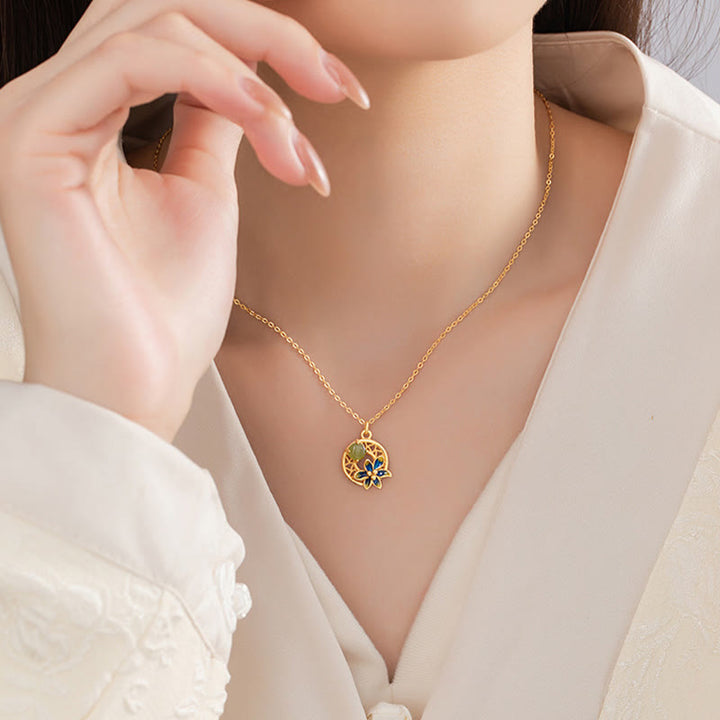 Ensemble de Buddha Stones et collier porte-bonheur en argent sterling 925 avec pendentif en forme de fleur de jade cyan Hetian naturel