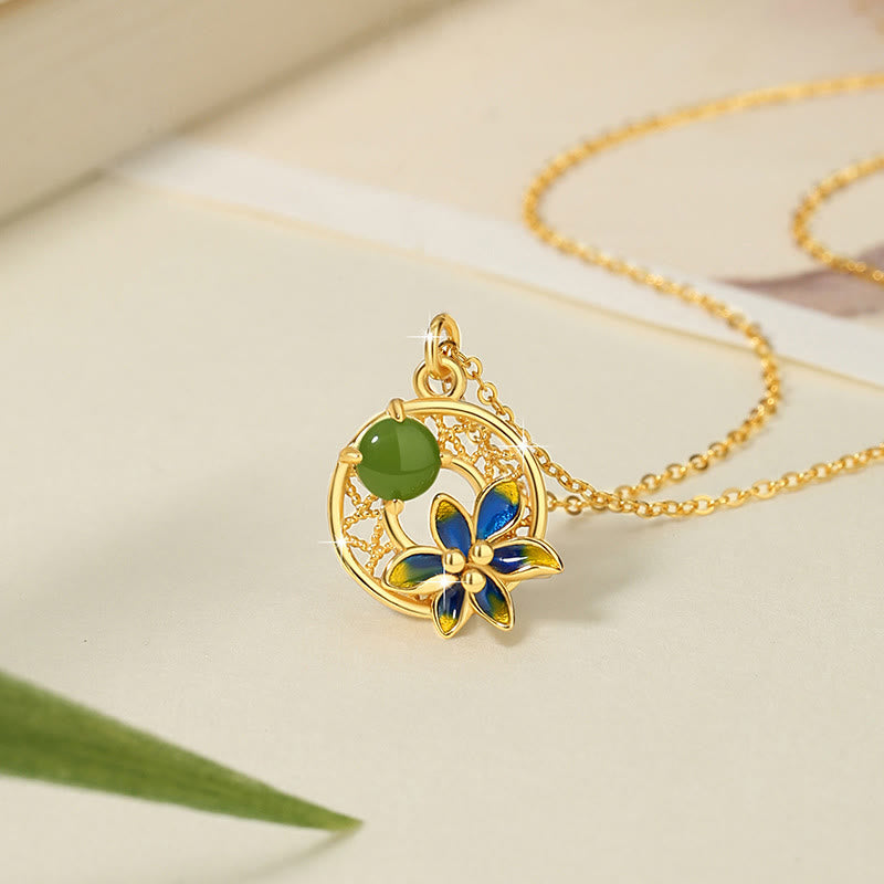 Ensemble de Buddha Stones et collier porte-bonheur en argent sterling 925 avec pendentif en forme de fleur de jade cyan Hetian naturel