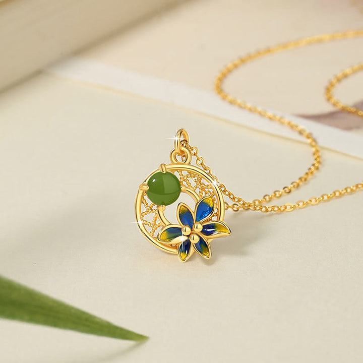 Ensemble de Buddha Stones et collier porte-bonheur en argent sterling 925 avec pendentif en forme de fleur de jade cyan Hetian naturel