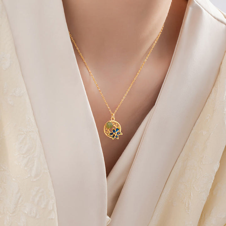 Ensemble de Buddha Stones et collier porte-bonheur en argent sterling 925 avec pendentif en forme de fleur de jade cyan Hetian naturel