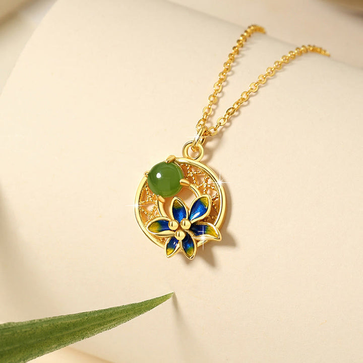 Ensemble de Buddha Stones et collier porte-bonheur en argent sterling 925 avec pendentif en forme de fleur de jade cyan Hetian naturel