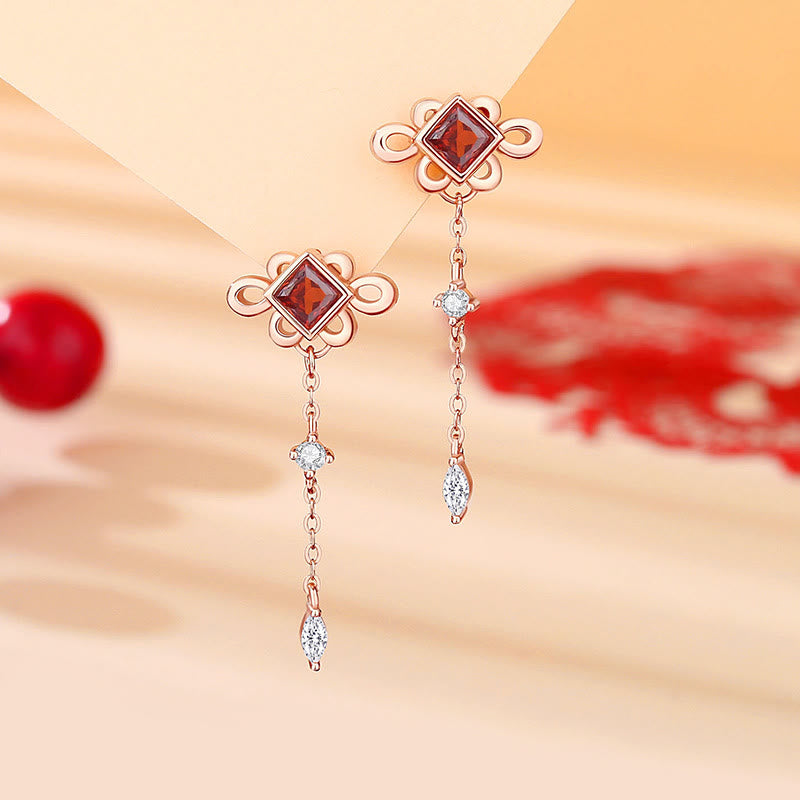Ensemble Buddha Stones, pendentif, bracelet et boucles d'oreilles en argent sterling 925 avec nœuds chinois et zircons rouges