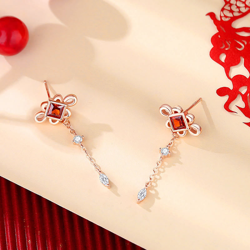 Ensemble Buddha Stones, pendentif, bracelet et boucles d'oreilles en argent sterling 925 avec nœuds chinois et zircons rouges