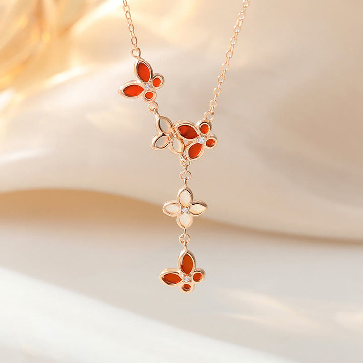 Ensemble de pendentifs et bracelets en argent sterling 925 avec pierre d'agate rouge Tridacna et papillon trèfle à quatre feuilles