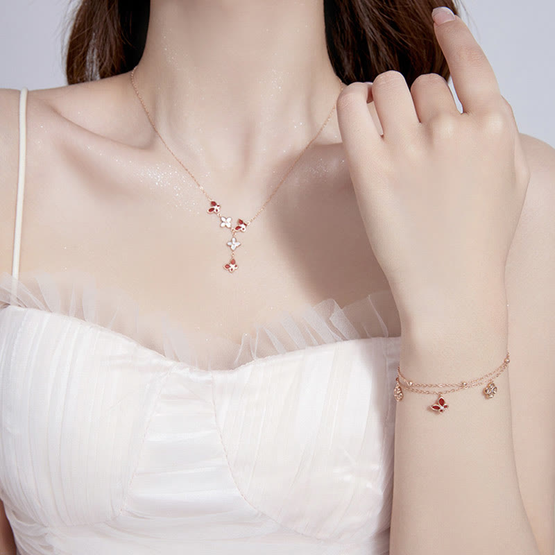 Ensemble de pendentifs et bracelets en argent sterling 925 avec pierre d'agate rouge Tridacna et papillon trèfle à quatre feuilles