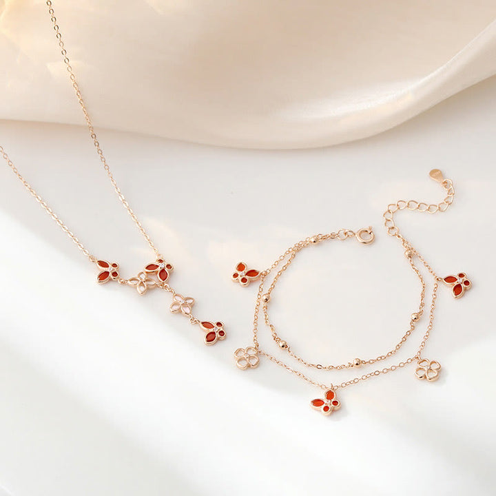Ensemble de pendentifs et bracelets en argent sterling 925 avec pierre d'agate rouge Tridacna et papillon trèfle à quatre feuilles