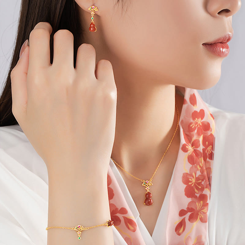 Ensemble de boucles d'oreilles, collier, pendentif et bracelet de confiance en argent sterling 925 avec Buddha Stones et agate rouge