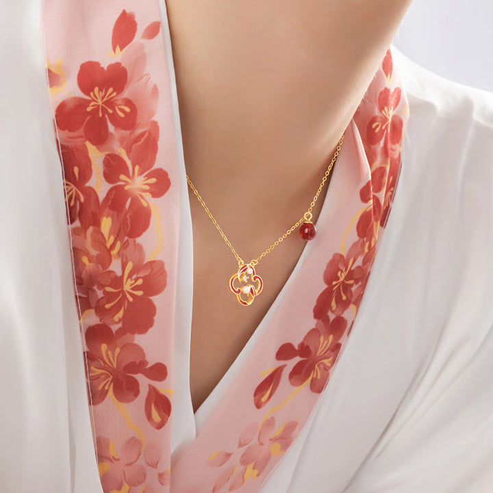 Ensemble de Buddha Stones et bracelet en argent sterling 925 avec pendentif et perles d'agate rouge et trèfle à quatre feuilles