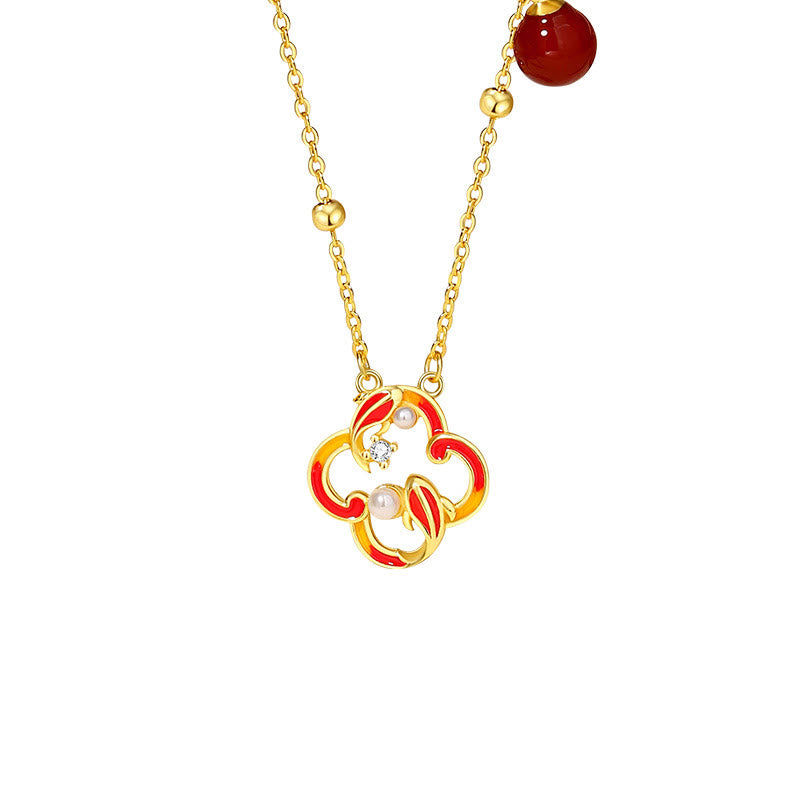Ensemble de Buddha Stones et bracelet en argent sterling 925 avec pendentif et perles d'agate rouge et trèfle à quatre feuilles