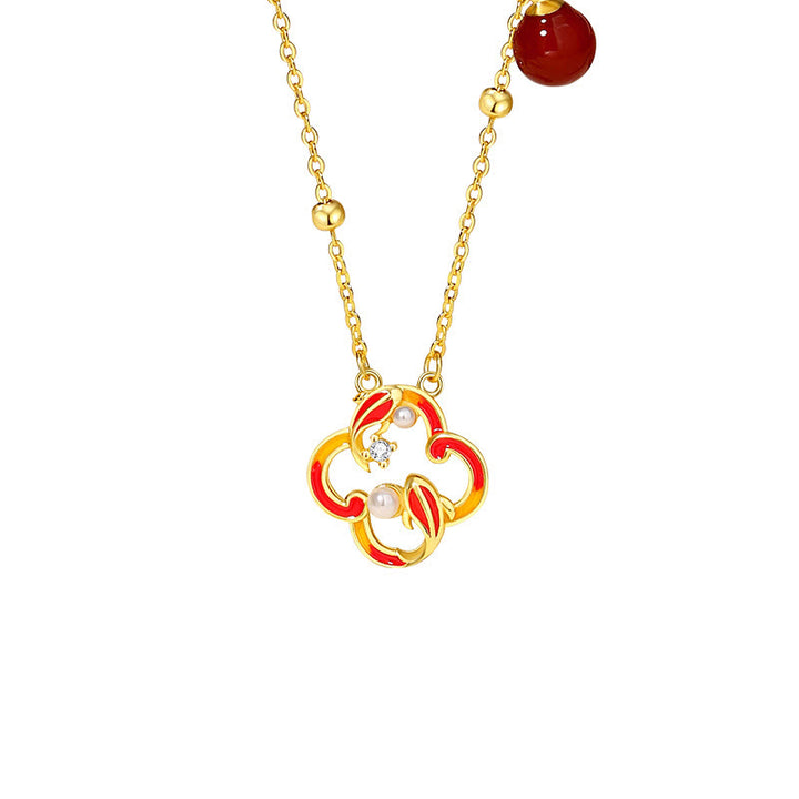 Ensemble de Buddha Stones et bracelet en argent sterling 925 avec pendentif et perles d'agate rouge et trèfle à quatre feuilles