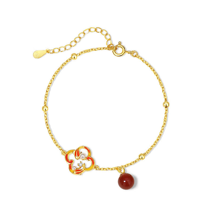 Ensemble de Buddha Stones et bracelet en argent sterling 925 avec pendentif et perles d'agate rouge et trèfle à quatre feuilles