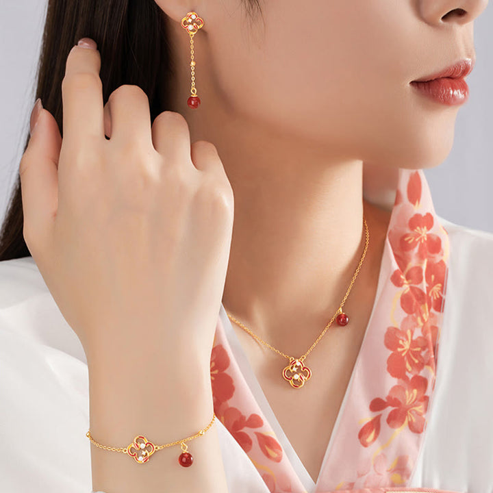 Ensemble de Buddha Stones et bracelet en argent sterling 925 avec pendentif et perles d'agate rouge et trèfle à quatre feuilles