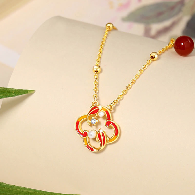 Ensemble de Buddha Stones et bracelet en argent sterling 925 avec pendentif et perles d'agate rouge et trèfle à quatre feuilles