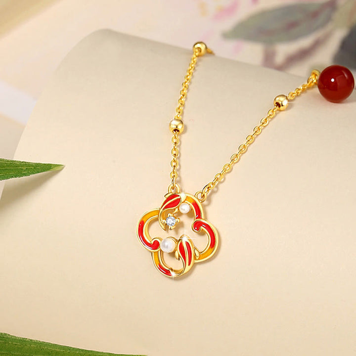 Ensemble de Buddha Stones et bracelet en argent sterling 925 avec pendentif et perles d'agate rouge et trèfle à quatre feuilles