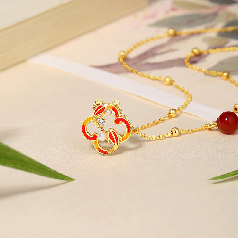 Ensemble de Buddha Stones et bracelet en argent sterling 925 avec pendentif et perles d'agate rouge et trèfle à quatre feuilles