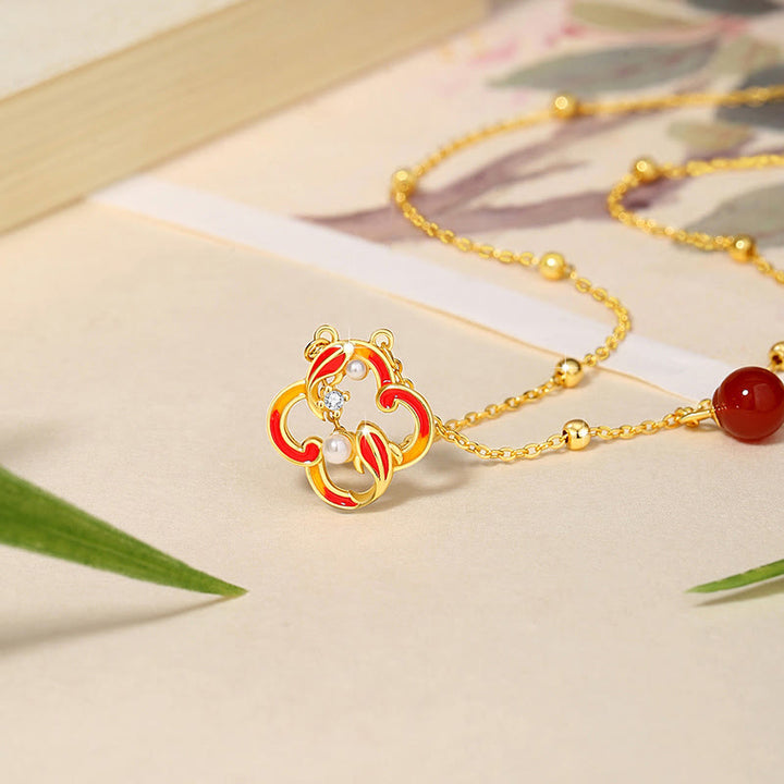 Ensemble de Buddha Stones et bracelet en argent sterling 925 avec pendentif et perles d'agate rouge et trèfle à quatre feuilles