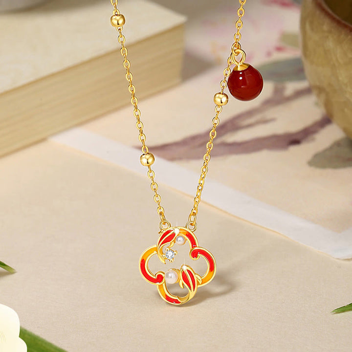 Ensemble de Buddha Stones et bracelet en argent sterling 925 avec pendentif et perles d'agate rouge et trèfle à quatre feuilles