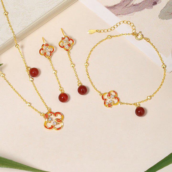 Ensemble de Buddha Stones et bracelet en argent sterling 925 avec pendentif et perles d'agate rouge et trèfle à quatre feuilles
