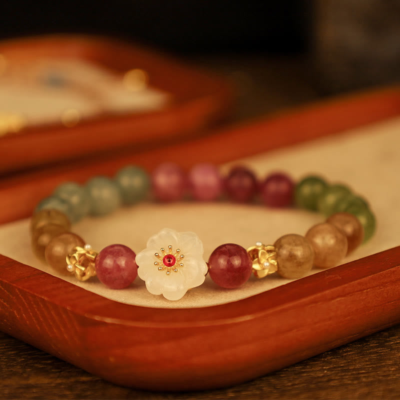 Bracelet d'amour en Buddha Stones avec fleurs de jade tourmaline colorées