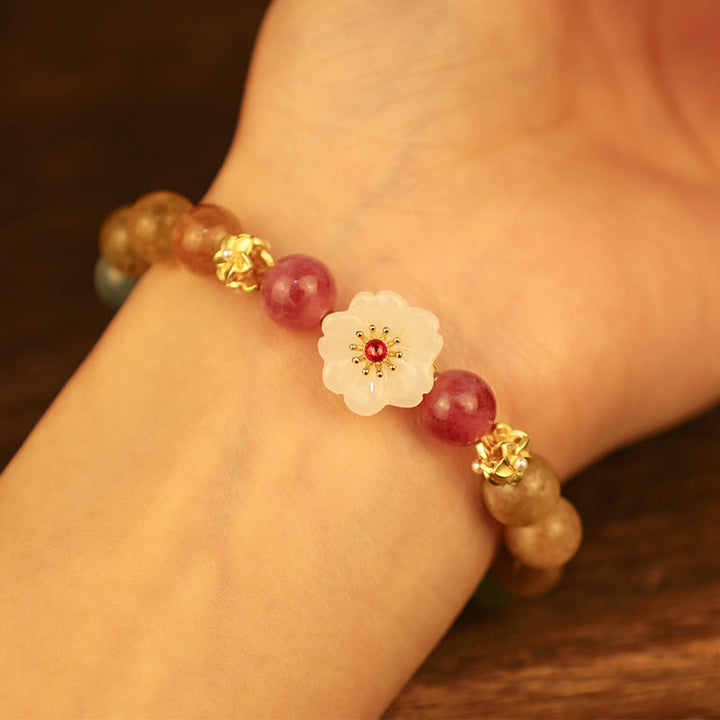 Bracelet d'amour en Buddha Stones avec fleurs de jade tourmaline colorées