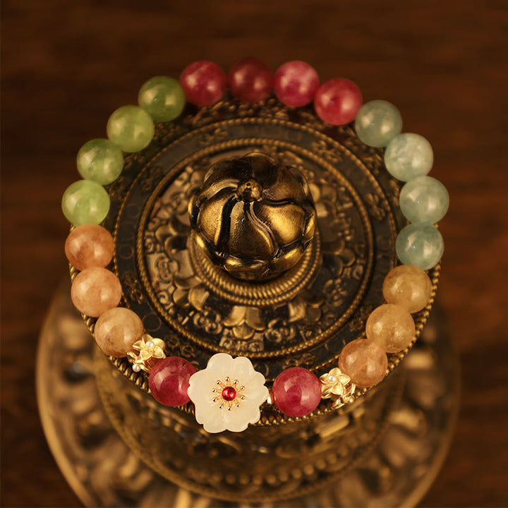 Bracelet d'amour en Buddha Stones avec fleurs de jade tourmaline colorées
