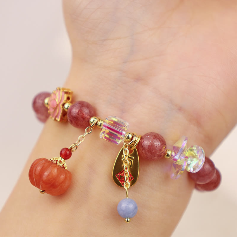 Bracelet à breloques positives en quartz Buddha Stones naturel avec personnage Fu et citrouille