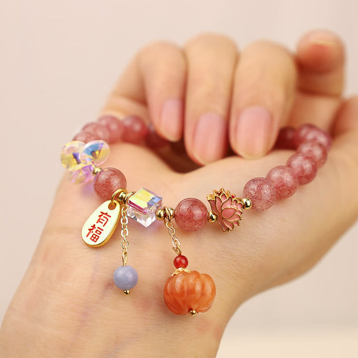 Bracelet à breloques positives en quartz Buddha Stones naturel avec personnage Fu et citrouille