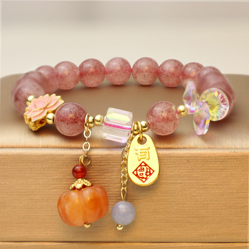 Bracelet à breloques positives en quartz Buddha Stones naturel avec personnage Fu et citrouille