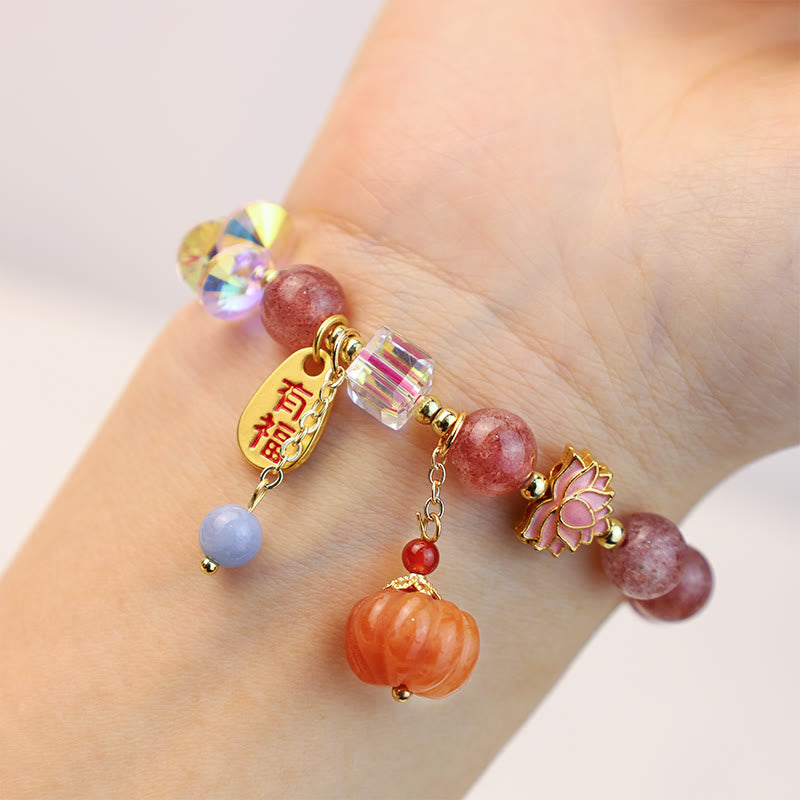 Bracelet à breloques positives en quartz Buddha Stones naturel avec personnage Fu et citrouille