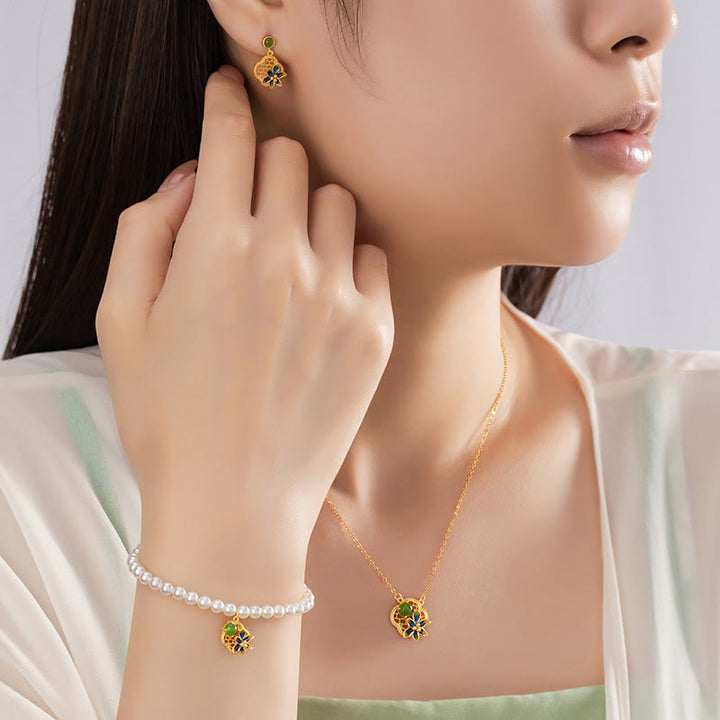 Ensemble de Buddha Stones et collier avec pendentif en argent sterling 925 et perles de jade cyan Hetian en forme de trèfle à quatre feuilles