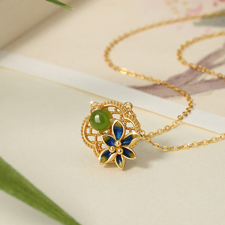 Ensemble de Buddha Stones et collier avec pendentif en argent sterling 925 et perles de jade cyan Hetian en forme de trèfle à quatre feuilles