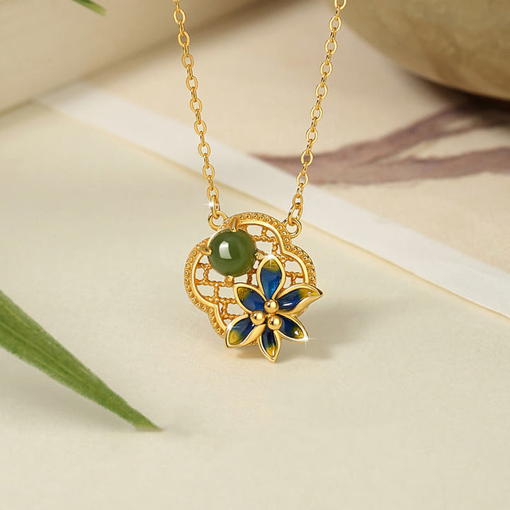 Ensemble de Buddha Stones et collier avec pendentif en argent sterling 925 et perles de jade cyan Hetian en forme de trèfle à quatre feuilles