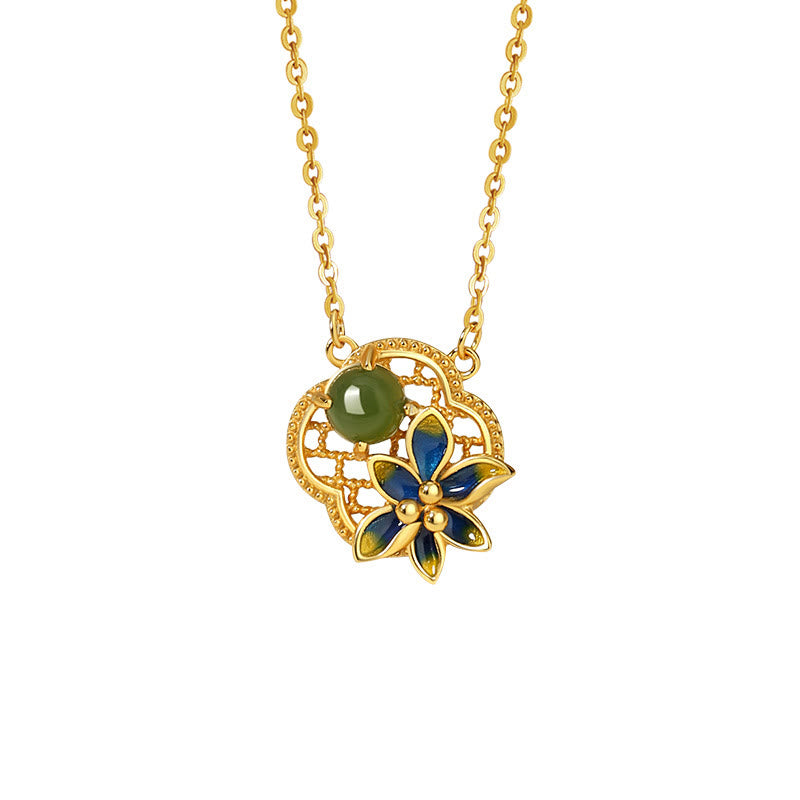 Ensemble de Buddha Stones et collier avec pendentif en argent sterling 925 et perles de jade cyan Hetian en forme de trèfle à quatre feuilles