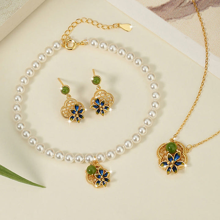 Ensemble de Buddha Stones et collier avec pendentif en argent sterling 925 et perles de jade cyan Hetian en forme de trèfle à quatre feuilles