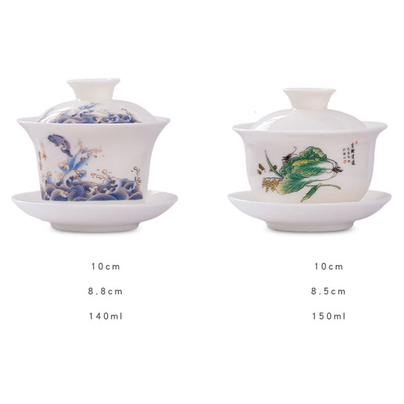 Buddha Stones à thé Gaiwan en porcelaine blanche avec paysage de montagne et soucoupe en céramique avec couvercle
