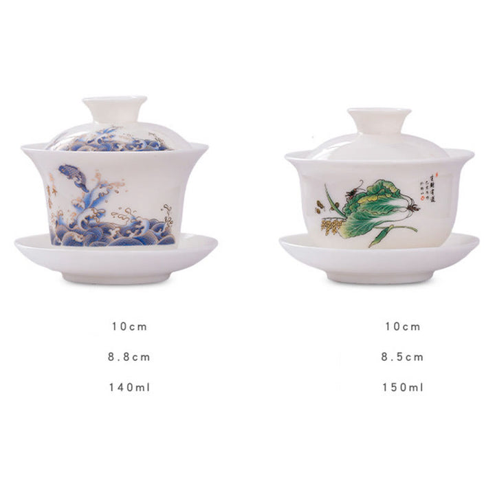 Buddha Stones à thé Gaiwan en porcelaine blanche avec paysage de montagne et soucoupe en céramique avec couvercle