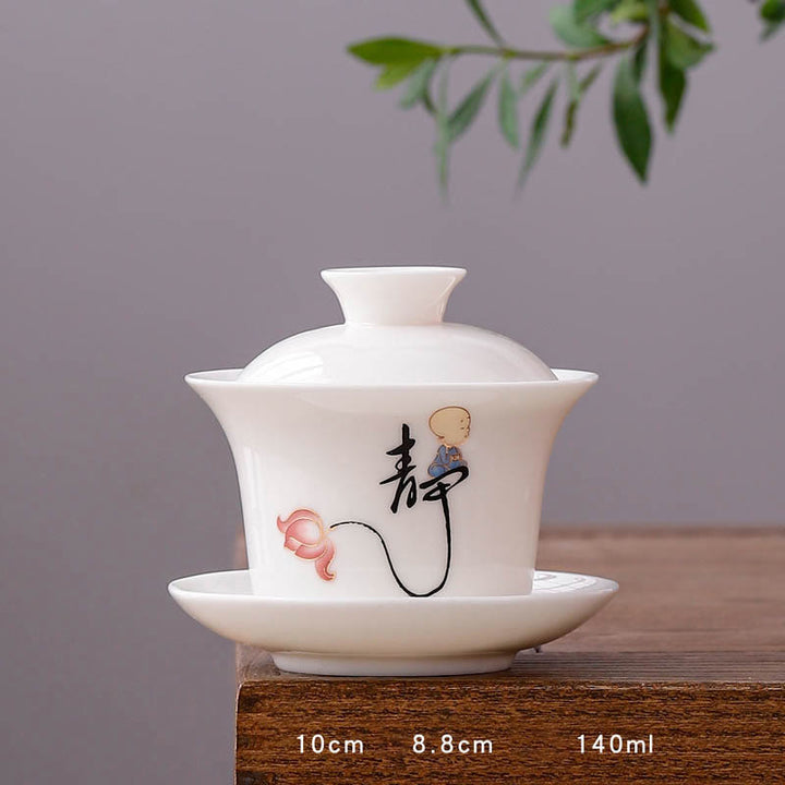Buddha Stones à thé Gaiwan en porcelaine blanche avec paysage de montagne et soucoupe en céramique avec couvercle