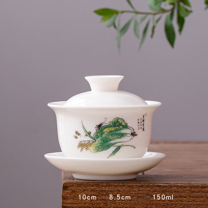 Buddha Stones à thé Gaiwan en porcelaine blanche avec paysage de montagne et soucoupe en céramique avec couvercle