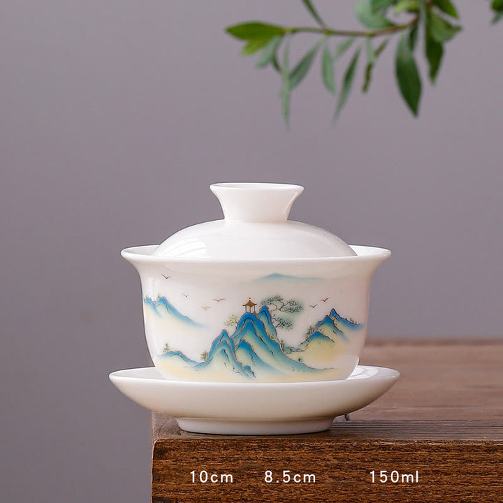 Buddha Stones à thé Gaiwan en porcelaine blanche avec paysage de montagne et soucoupe en céramique avec couvercle