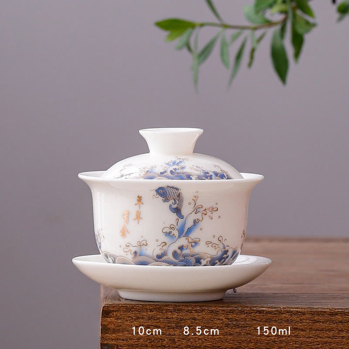 Buddha Stones à thé Gaiwan en porcelaine blanche avec paysage de montagne et soucoupe en céramique avec couvercle